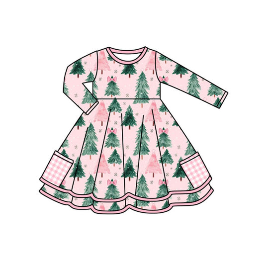 (Pre-order)GLD1191 Pumpkin Flowers Bows Print Pockets Girls Christmas Knee Length Dress
