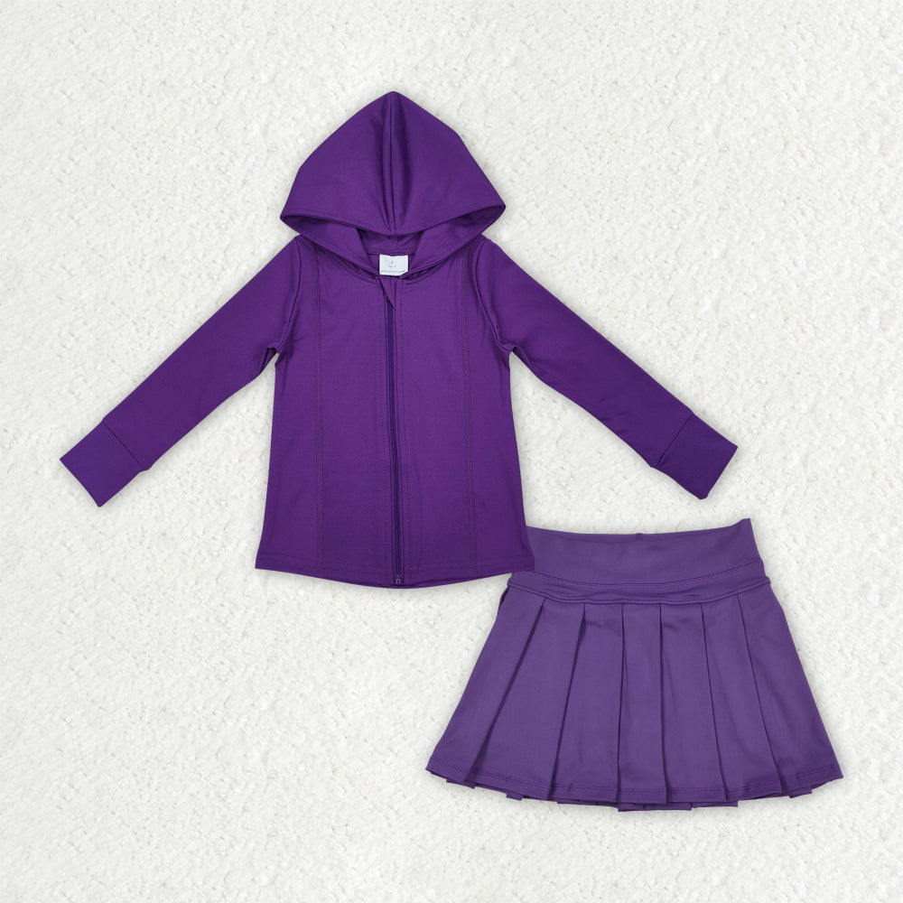 GLD1192 Purple Zipper Jackets Hoodie Top Ruffle Skirts Shorts Girls Yoga Clothes Set