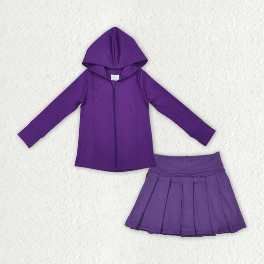 GLD1192 Purple Zipper Jackets Hoodie Top Ruffle Skirts Shorts Girls Yoga Clothes Set