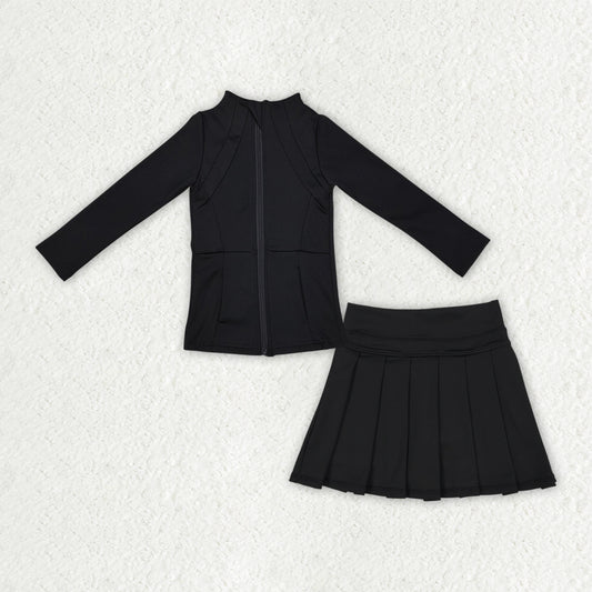GLD1193 Black Zipper Jackets Top Ruffle Skirts Shorts Girls Yoga Clothes Set