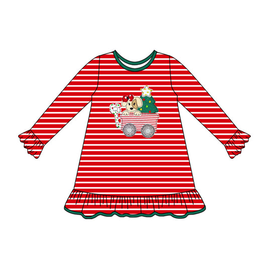 (Pre-order)GLD1194 Dog Tree Stripes Print Girls Christmas Knee Length Dress