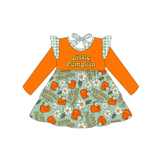(Pre-order)GLD1195 Little Pumpkin Flowers Print Girls Fall Knee Length Dress