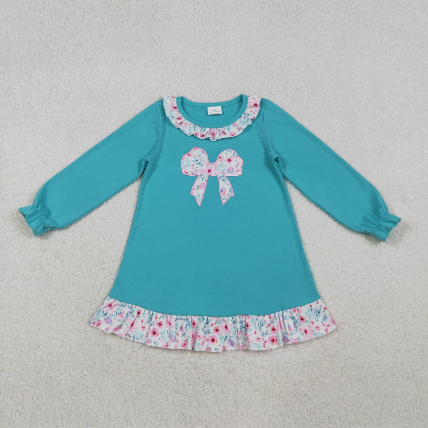 GLD1204 Bows Embroidery Flowers Print Girls Knee Length Dress