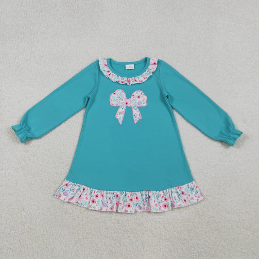 GLD1204 Bows Embroidery Flowers Print Girls Knee Length Dress