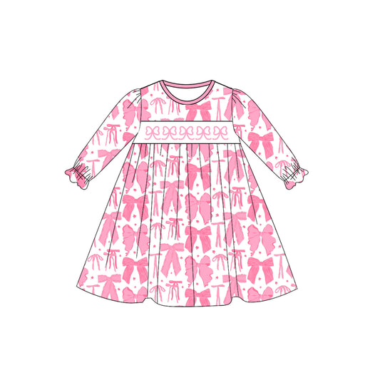 (Pre-order)GLD1205 Pink Bows Print Girls Long Sleeve Knee Length Dress