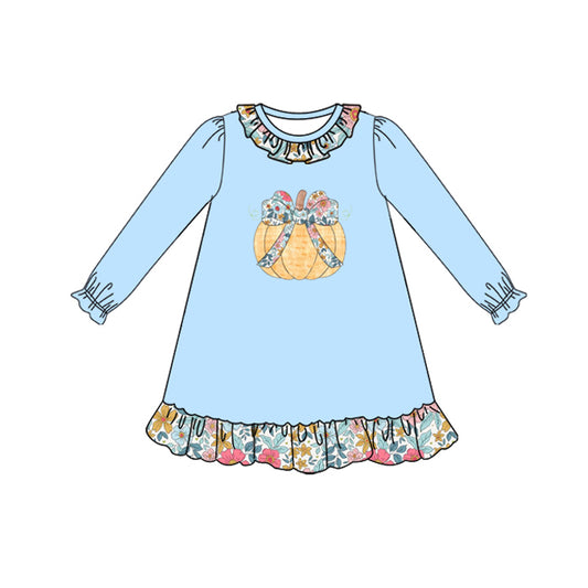 (Pre-order)GLD1206 Pumpkin Flowers Print Girls Fall Knee Length Dress