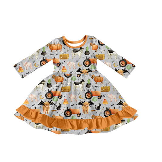 (Pre-order)GLD1207 Farm Animals Pumpkin Print Girls Halloween Ruffle Knee Length Dress