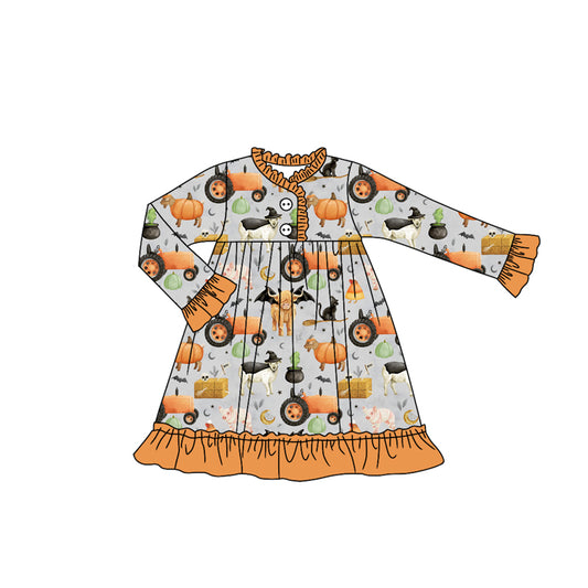 (Pre-order)GLD1208 Farm Animals Pumpkin Print Girls Halloween Knee Length Gown Dress