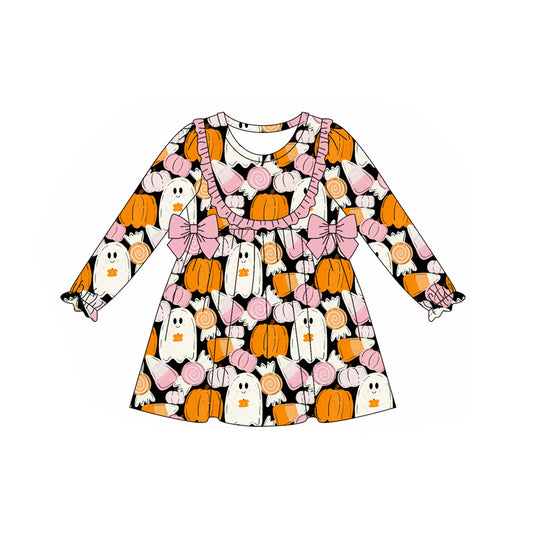 (Pre-order)GLD1209 Spooky Pumpkin Candy Print Girls Halloween Knee Length Dress