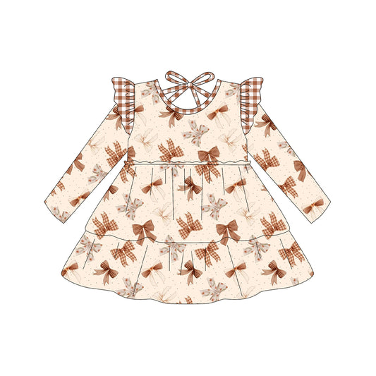 (Pre-order)GLD1210 Brown Bows Print Girls Fall Knee Length Dress