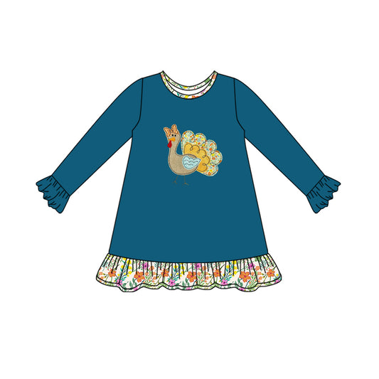 (Pre-order)GLD1211 Turkey Blue Print Girls Thanksgiving Knee Length Dress