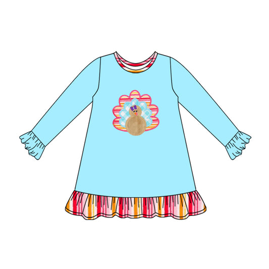 (Pre-order)GLD1212 Turkey Blue Print Girls Thanksgiving Knee Length Dress