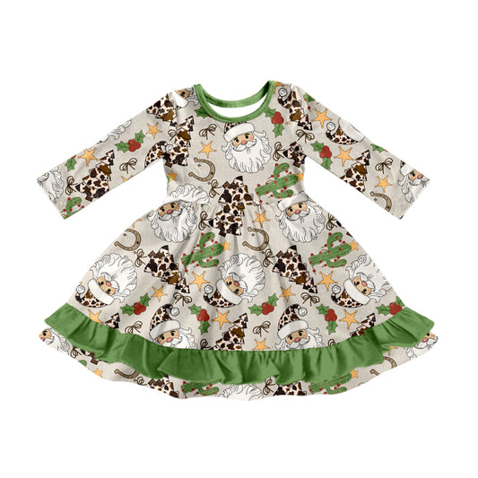 (Pre-order)GLD1213 Santa Cactus Print Girls Christmas Ruffle Knee Length Dress