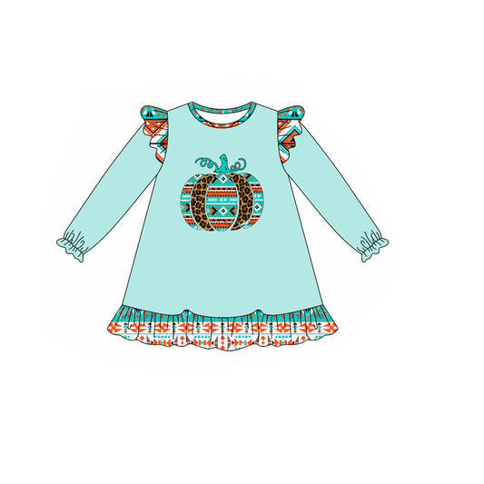 (Pre-order)GLD1216 Pumpkin Aztec Print Girls Fall Knee Length Dress