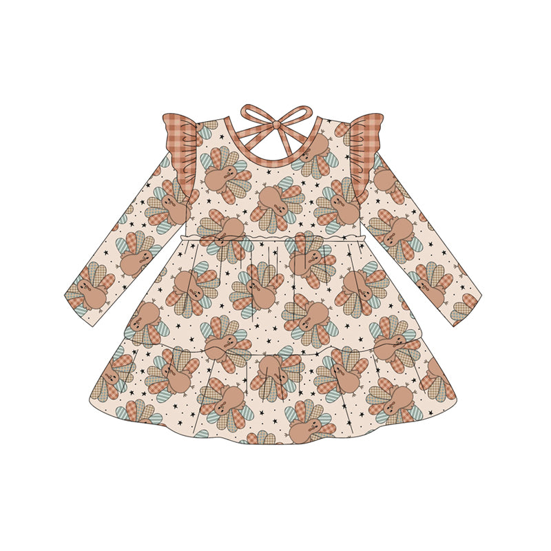 (Pre-order)GLD1217 Turkey Print Girls Thanksgiving Knee Length Dress