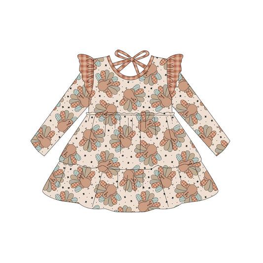 (Pre-order)GLD1217 Turkey Print Girls Thanksgiving Knee Length Dress