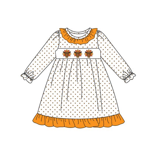 (Pre-order)GLD1218 Turkey Dots Print Girls Thanksgiving Knee Length Dress