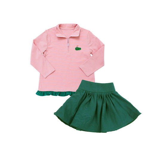 (Pre-order)GLD1219 Golf Pink Stripes Zipper Pullover Top Green Skirts Girls Clothes Set