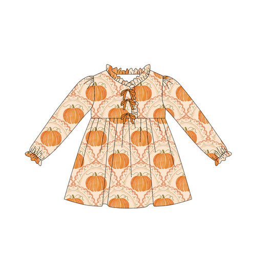 (Pre-order)GLD1220 Pumpkin Print Girls Fall Knee Length Dress