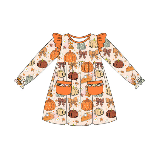 (Pre-order)GLD1221 Pumpkin Bows Print Pockets Girls Fall Knee Length Dress