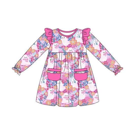 (Pre-order)GLD1222 Spooky Flowers Bows Print Pockets Girls Halloween Knee Length Dress
