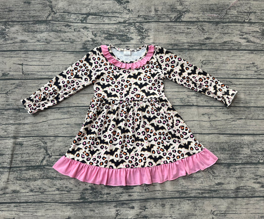 (Pre-order)GLD1224 Bat Leopard Print Girls Halloween Knee Length Dress