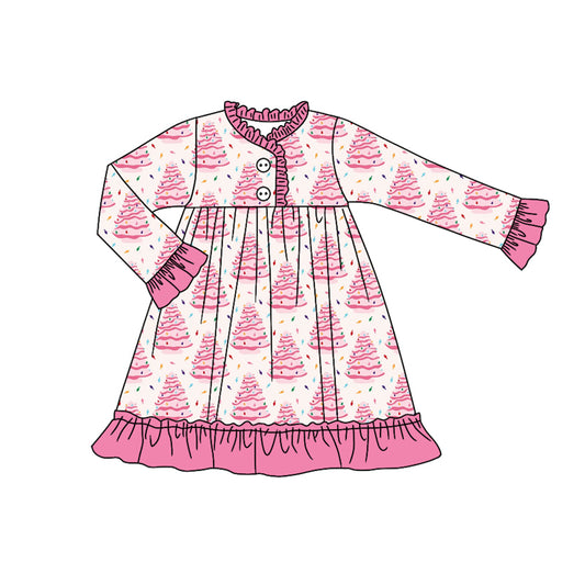 (Pre-order)GLD1225 Pink Tree Print Girls Christmas Knee Length Pajamas Gown Dress