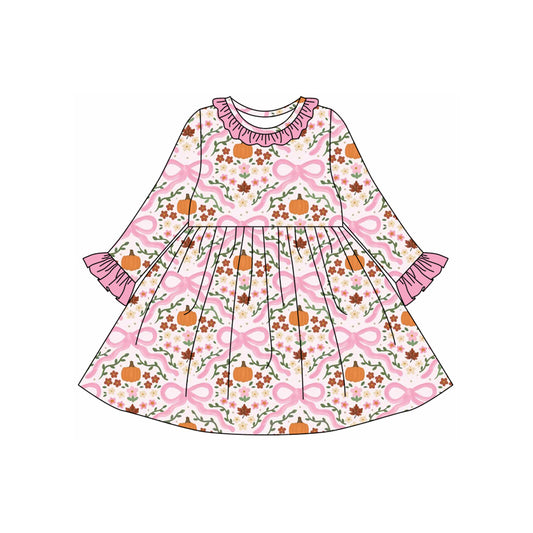 (Pre-order)GLD1226 Pumpkin Flowers Bows Print Girls Fall Knee Length Dress