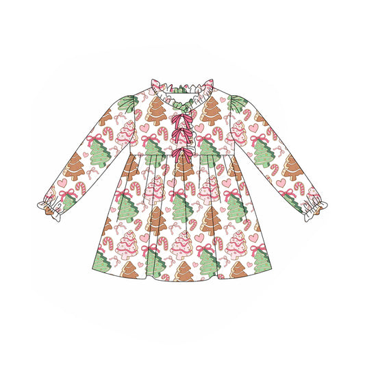 (Pre-order)GLD1227 Debbie Cake Bows Print Girls Christmas Knee Length Dress