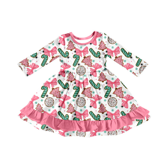 (Pre-order)GLD1228 Candy Cake Bows Print Girls Christmas Ruffle Knee Length Dress