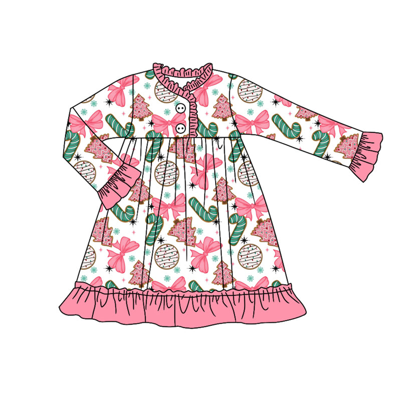 (Pre-order)GLD1229 Candy Cake Bows Print Girls Christmas Knee Length Gown Dress