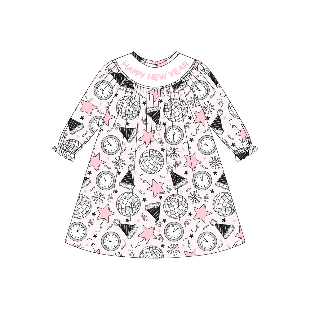 (Pre-order)GLD1231 Stars Print Girls Happy New Year Knee Length Dress