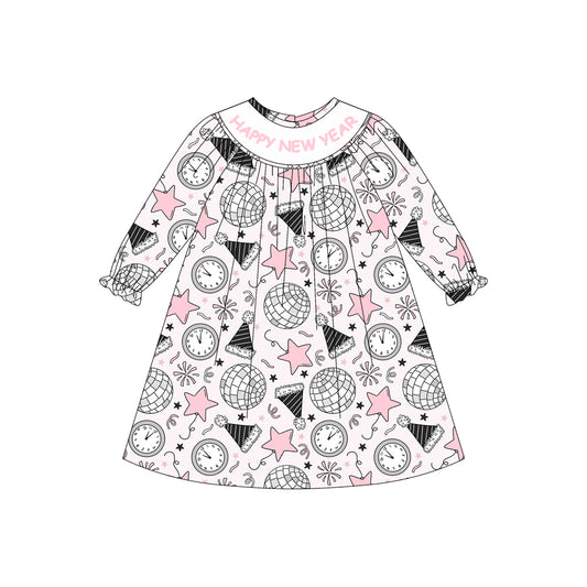 (Pre-order)GLD1231 Stars Print Girls Happy New Year Knee Length Dress