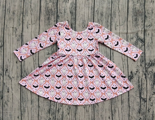 (Pre-order)GLD1232 Spooky Bat Bows Print Girls Halloween Knee Length Dress