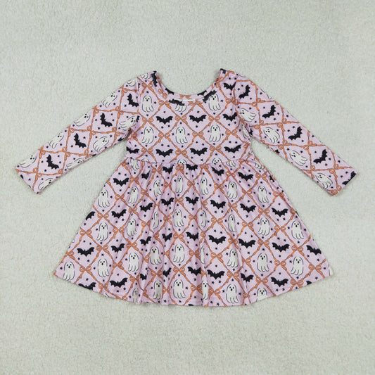 GLD1232 Spooky Bat Bows Print Girls Halloween Knee Length Dress