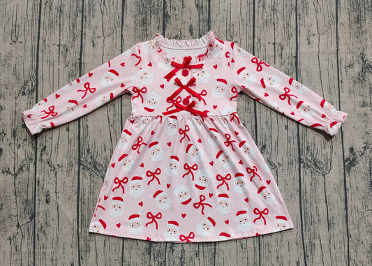 (Pre-order)GLD1233 Santa Bows Print Girls Christmas Knee Length Dress