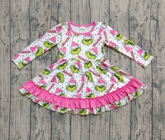 (Pre-order)GLD1234 Green Frog Pink Print Girls Christmas Ruffle Knee Length Dress