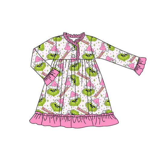 (Pre-order)GLD1235 Green Frog Pink Print Girls Christmas Knee Length Gown Dress