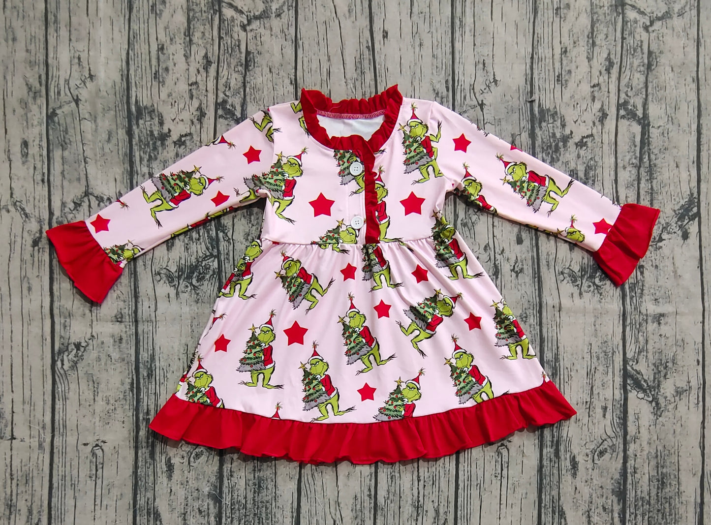 (Pre-order)GLD1236 Green Frog Star Print Girls Christmas Knee Length Gown Dress