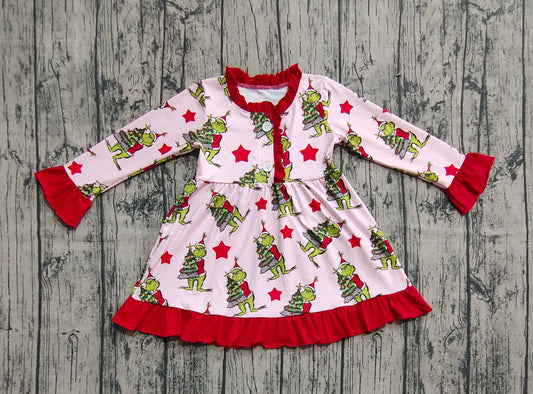 (Pre-order)GLD1236 Green Frog Star Print Girls Christmas Knee Length Gown Dress