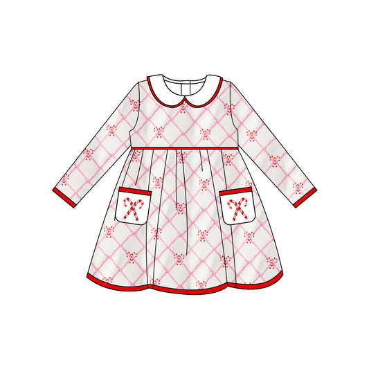 (Pre-order)GLD1238 Candy Cane Print Pockets Girls Christmas Knee Length Dress