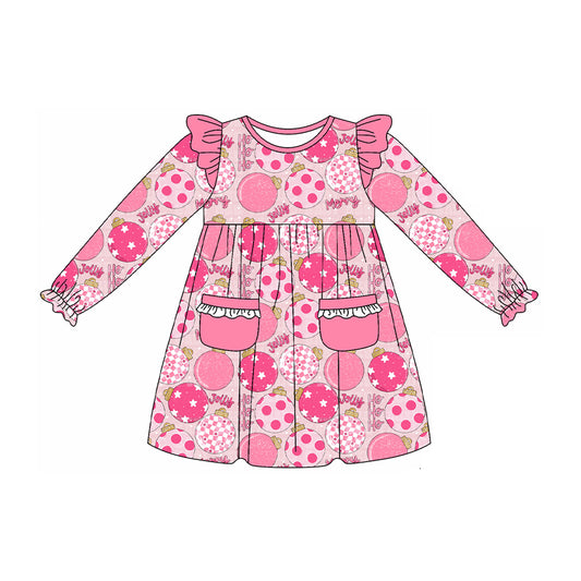 (Pre-order)GLD1239 Jolly Merry HOHOHO Lights Pink Print Girls Christmas Knee Length Dress