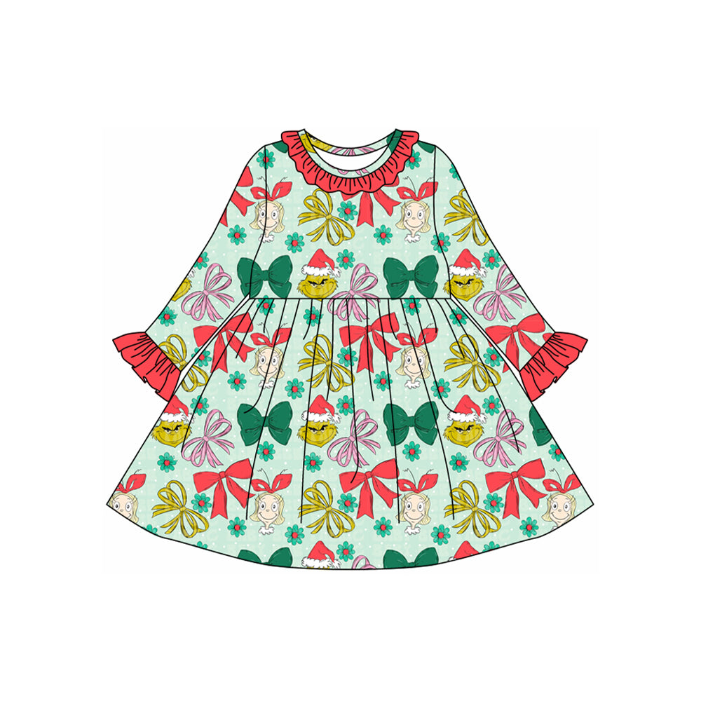 (Pre-order)GLD1240 Green Frog Bows Flowers Print Girls Christmas Knee Length Dress