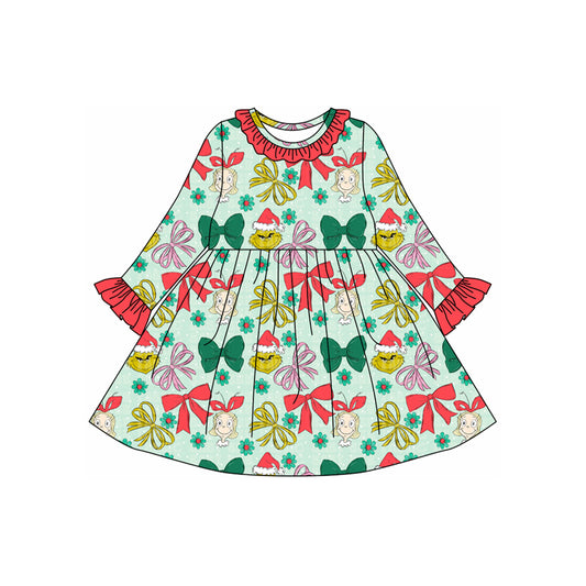 (Pre-order)GLD1240 Green Frog Bows Flowers Print Girls Christmas Knee Length Dress