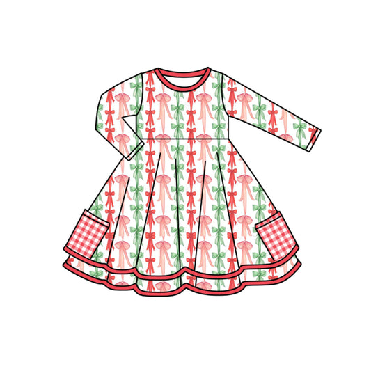 (Pre-order)GLD1241 Green Red Bows Print Girls Christmas Knee Length Dress