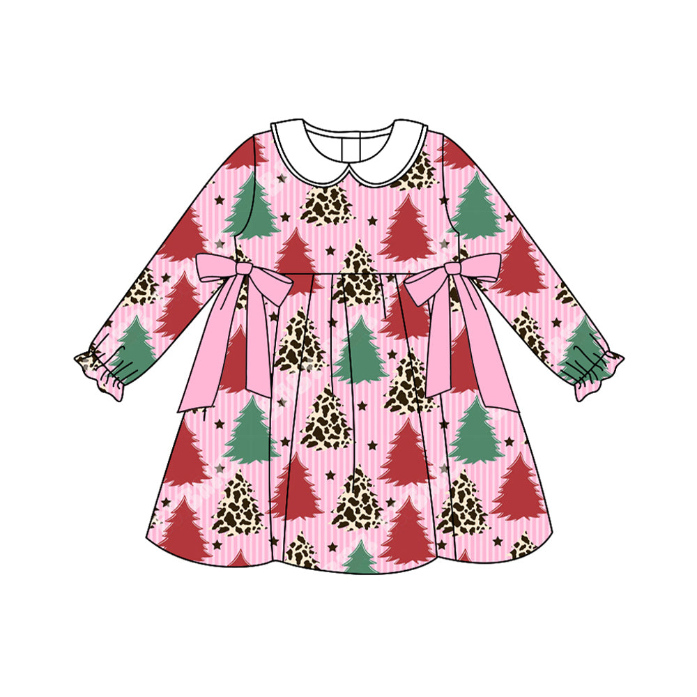 (Pre-order)GLD1242 Leopard Tree Stripes Print Girls Christmas Knee Length Dress