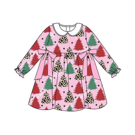 (Pre-order)GLD1242 Leopard Tree Stripes Print Girls Christmas Knee Length Dress