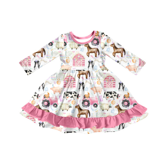 (Pre-order)GLD1243 Farm Animals Pink Print Girls Knee Length Ruffle Dress