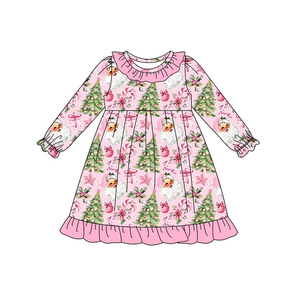 (Pre-order)GLD1245 Santa Holly Candy Cane Print Girls Christmas Knee Length Dress