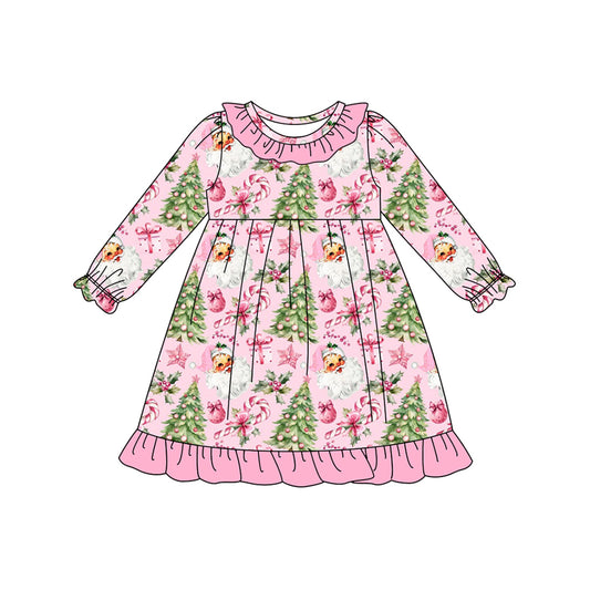 (Pre-order)GLD1245 Santa Holly Candy Cane Print Girls Christmas Knee Length Dress